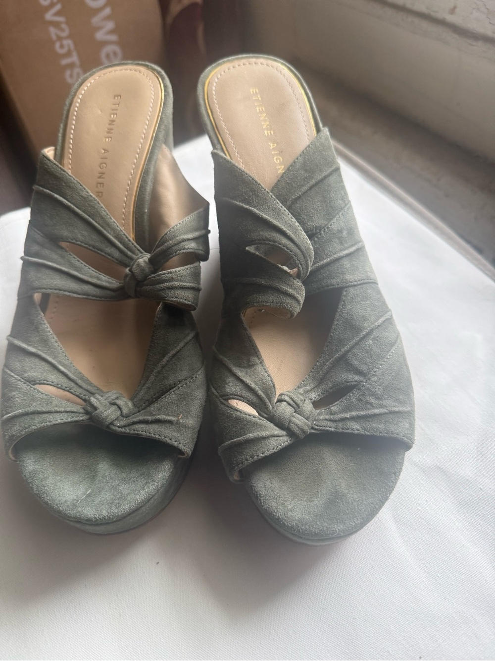 Anthropologie Etienne Aigner Olive Green Suede Knot‑Detail Slide Sandals